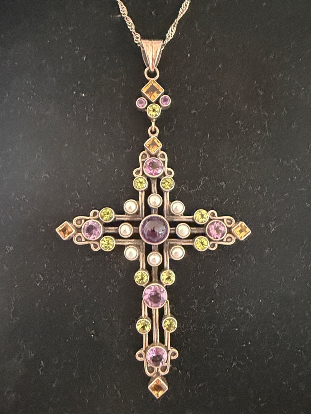 Nicky Butler Vintage 925 India hand crafted Cross Pendant multi gem stones pearl